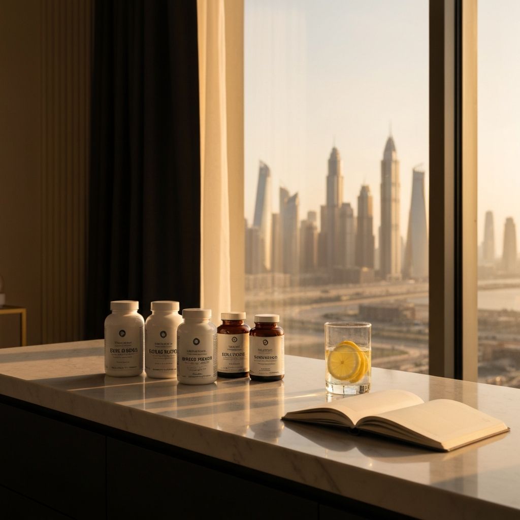 Premium wellness supplements on a marble surface